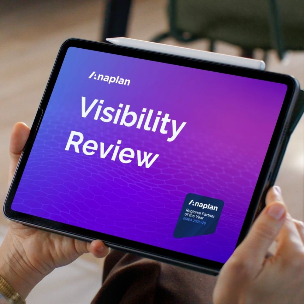 Anaplan Visibility Review displayed on a tablet, highlighting partner assessment services that improve planning transparency, connected planning performance and business decision-making.